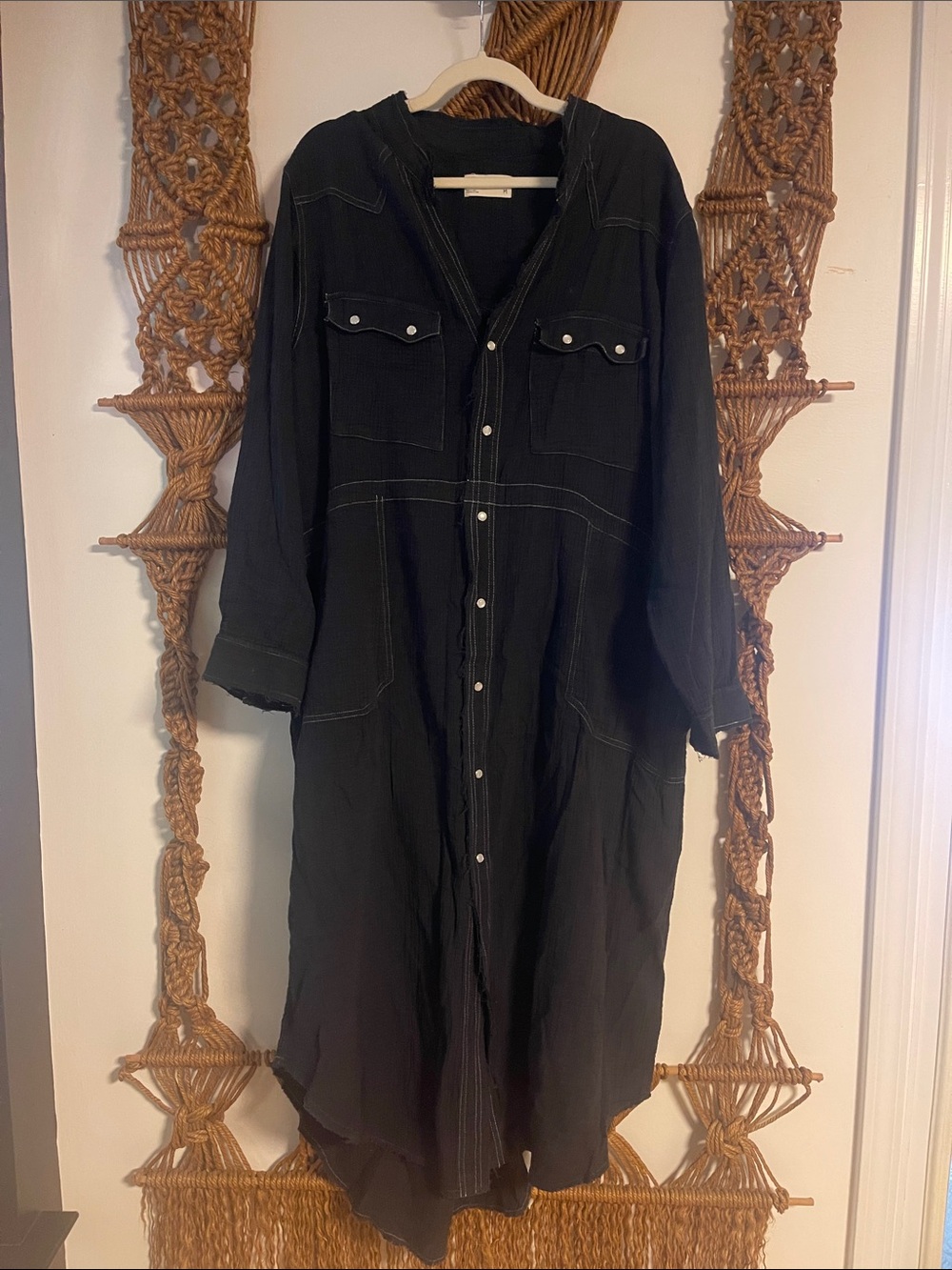 FREE PEOPLE Black Long Button-Front Shirt Dress